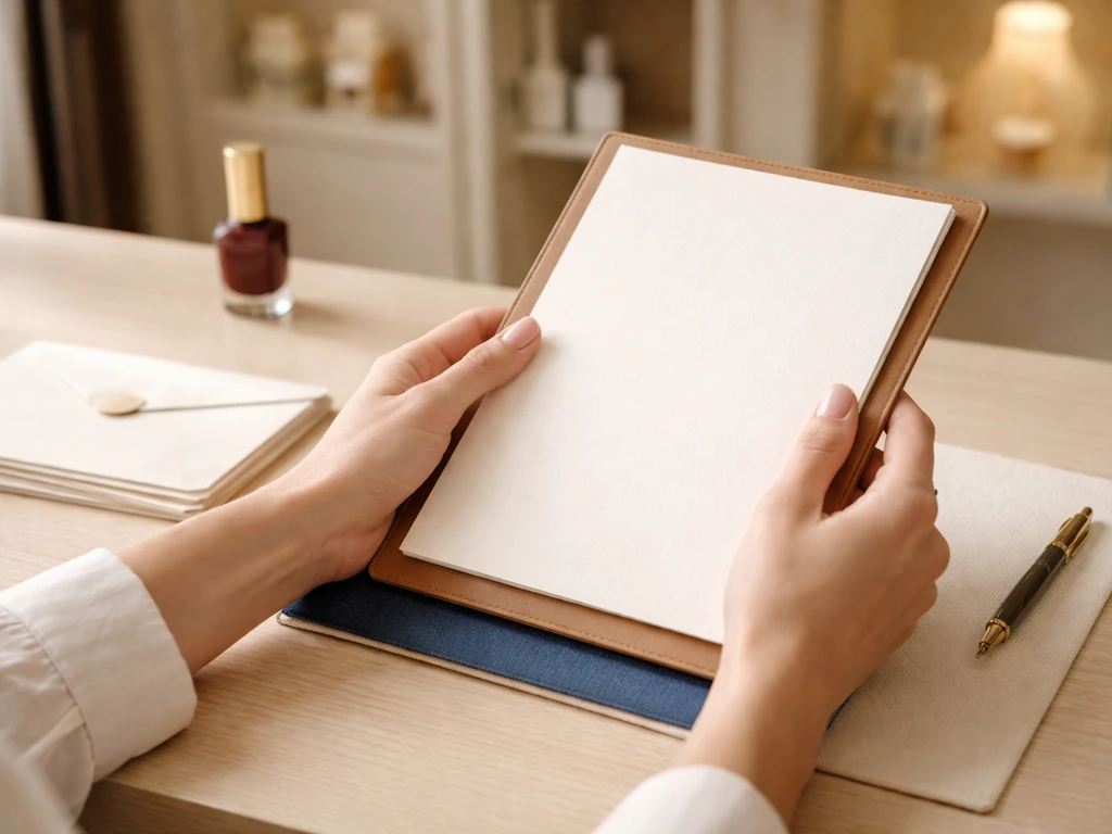 Anonymous hands over blank deal documents and stationery with a red nail polish bottle in soft focus.
