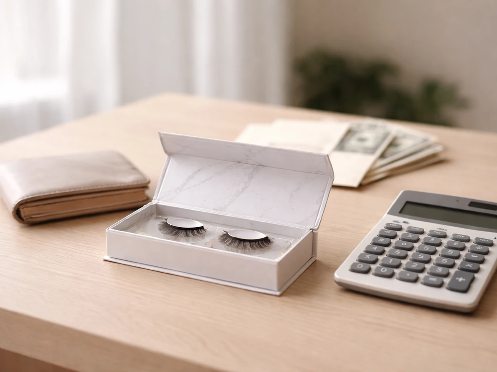 Luxury beauty lash packaging on a desk with a small calculator and neatly arranged cash envelopes