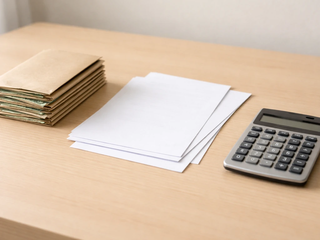 Minimal desk scene with cash envelopes, blank financial statements, and a calculator symbolizing assets minus liabilitie