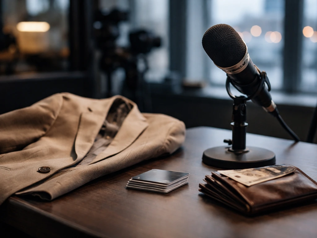Media studio desk with a microphone and scattered cash-like props symbolizing brand influence and net worth.