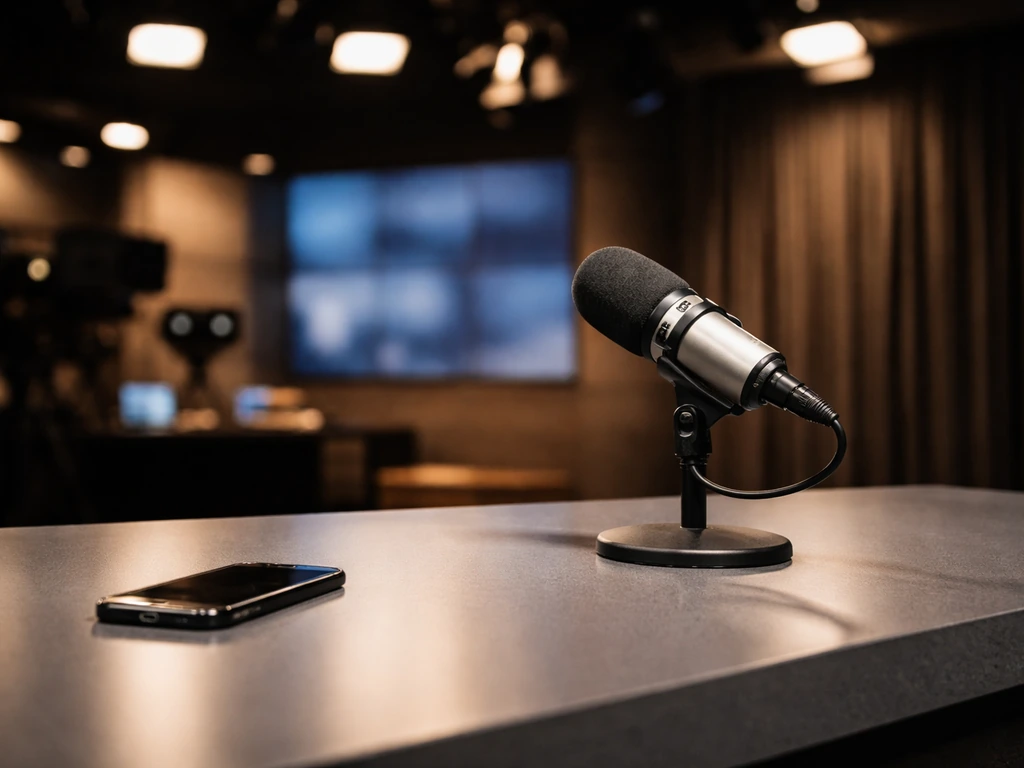 Minimal photo of a TV studio desk with microphones and a smartphone, suggesting media and wealth topics