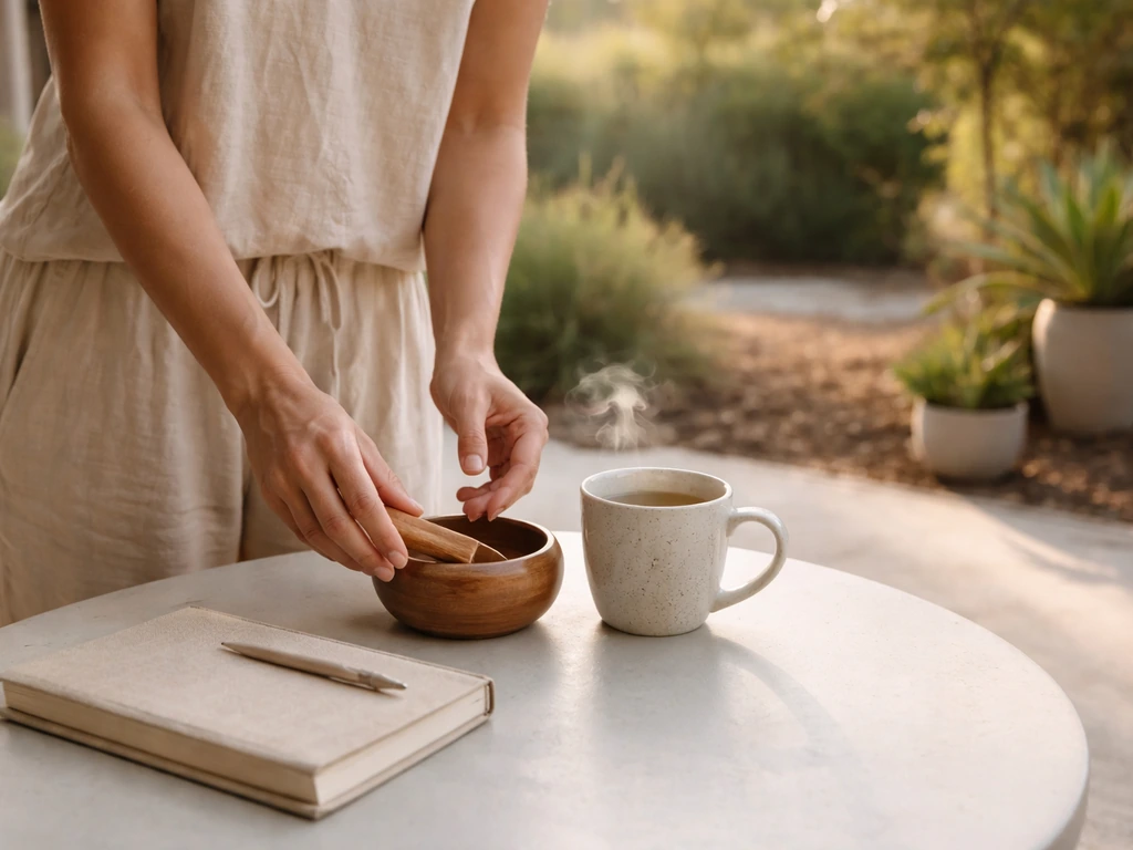 Anonymous wellness coach arranging a meditation bowl beside tea on a serene outdoor retreat patio.