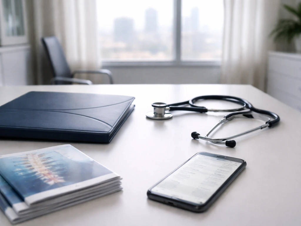 Minimal clinic desk with stethoscope and blurred finance imagery, symbolic of medical expertise and net worth research.