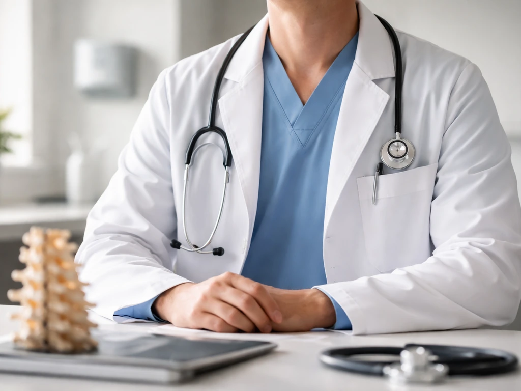 Anonymous neurosurgeon in scrubs with a spine model on a desk in a bright hospital office