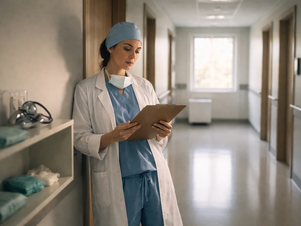 Neurosurgeon in a quiet clinic hallway examining a clipboard, subtle income cues from clinical practice