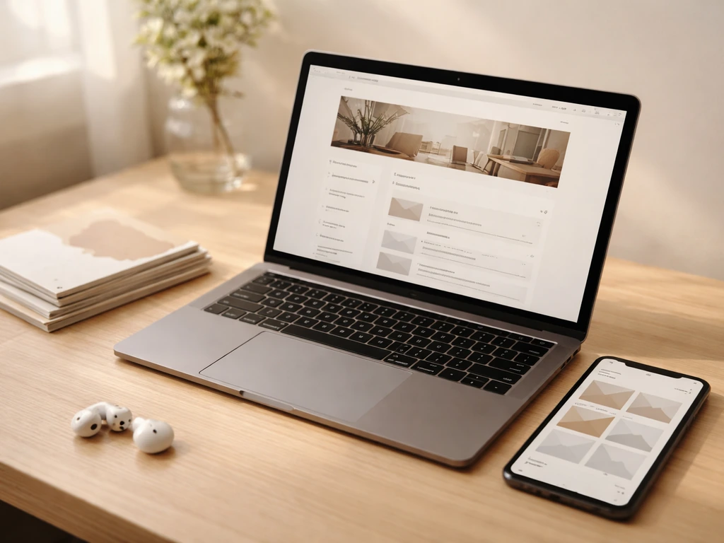 Minimal desk with laptop and phone showing blurred course and product layout concept, no text.