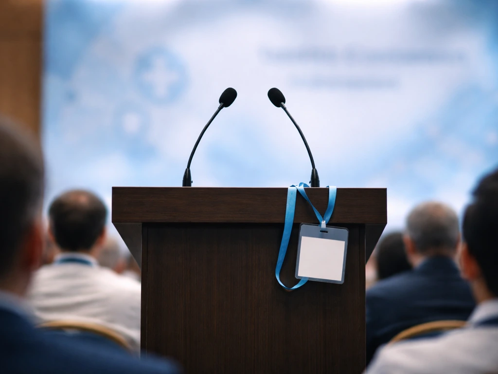 Anonymous medical keynote podium with microphones and conference badge on a stage, blurred audience behind