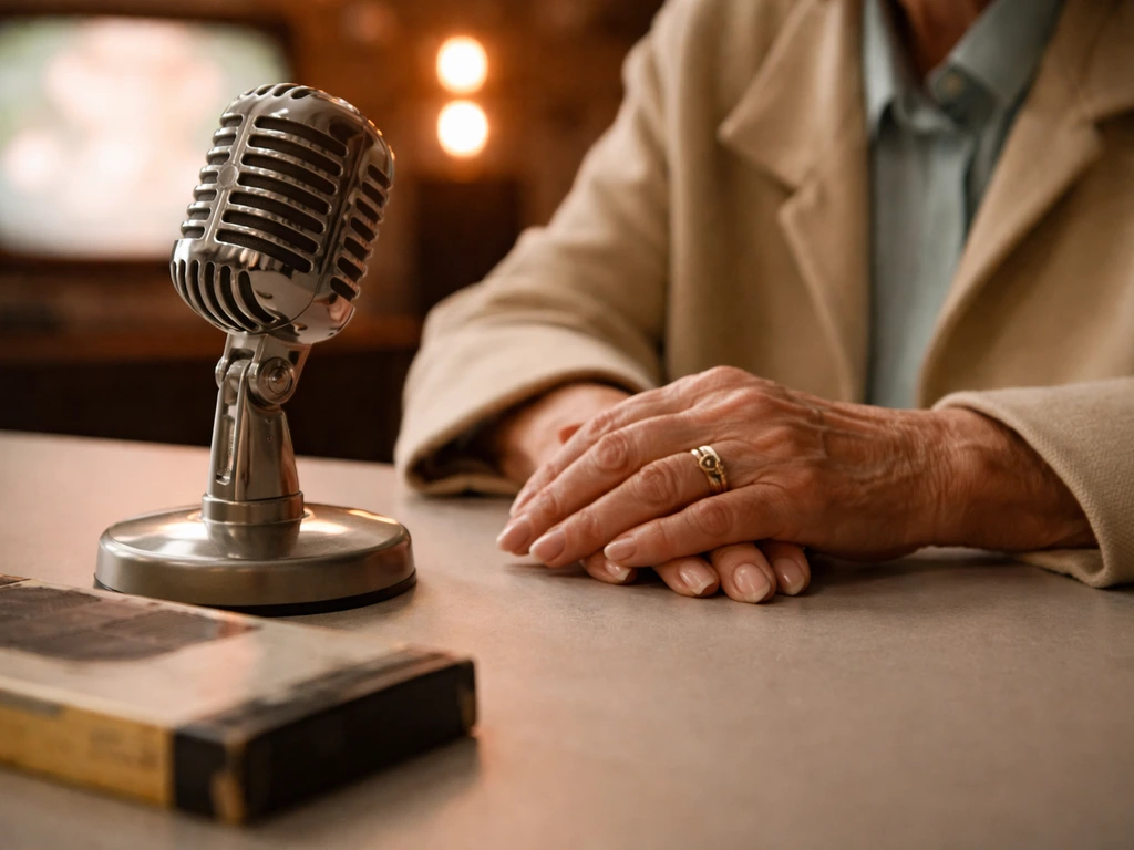 Anonymous older woman’s hands near a vintage microphone and retro media items in warm studio light.