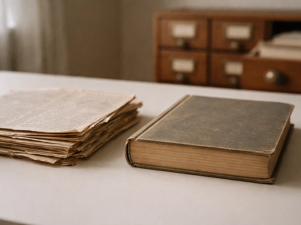 Desk with archival newspaper clippings and a reference book, symbolizing credible historical wealth sources.