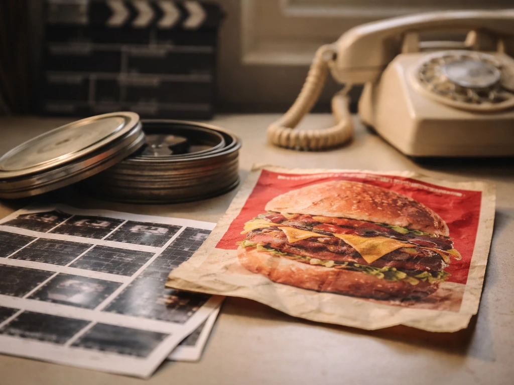 Vintage advertising production desk with film reels and hamburger-themed print symbolizing a major ad campaign.