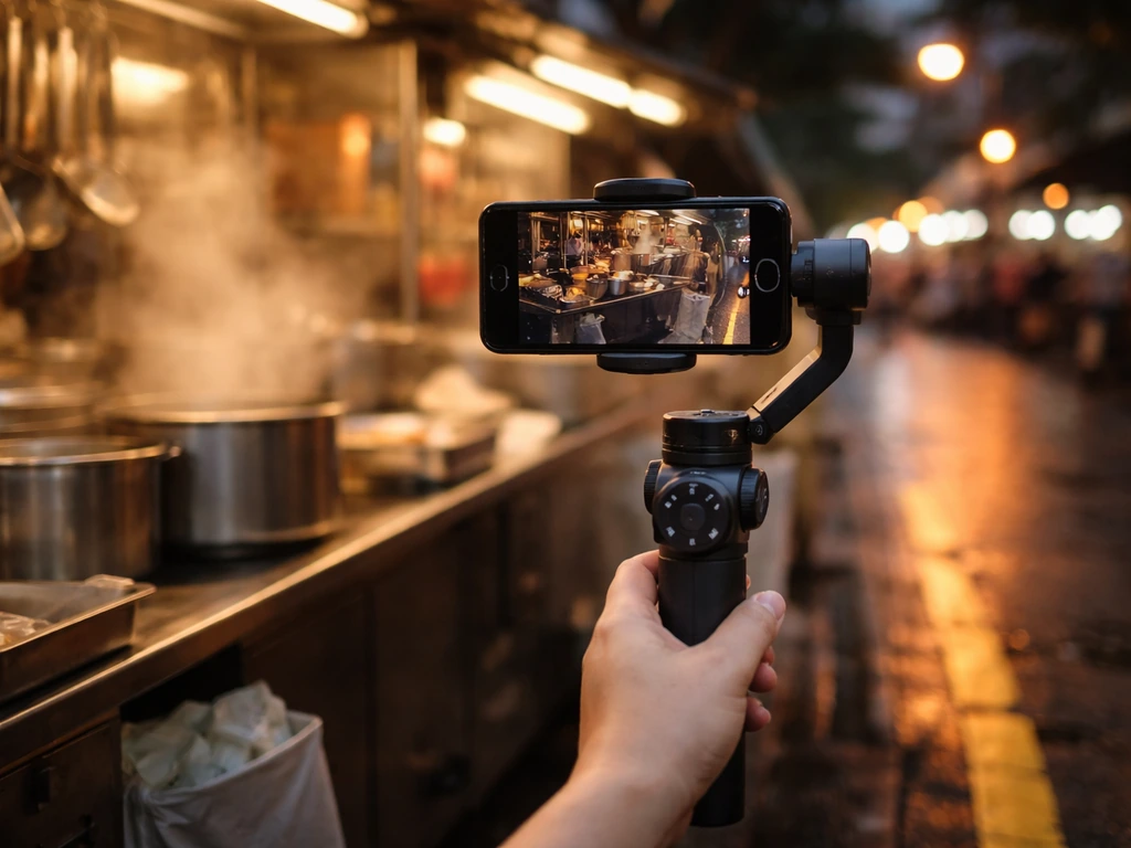 Singapore street food scene with an anonymous media setup filming a steaming hawker stall at dusk.