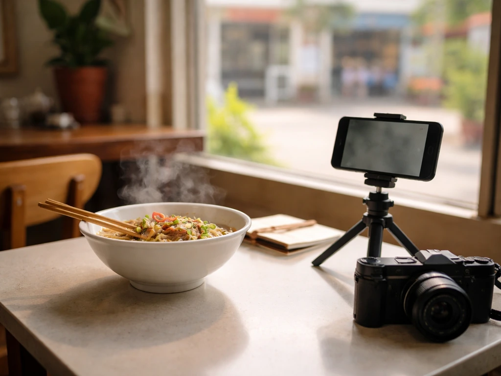 Café table with noodles, smartphone on tripod, and camera symbolizing food-and-travel media work.