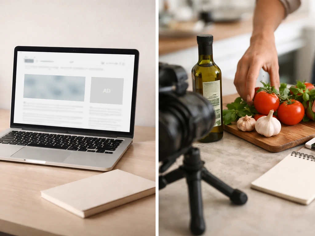 Split-view photo showing a minimalist website ad area and a branded sponsored food collaboration scene.