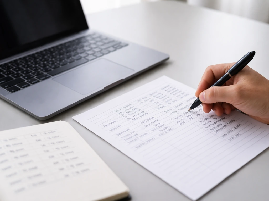 Anonymous hand writing monetization calculations beside an unbranded laptop on a desk.