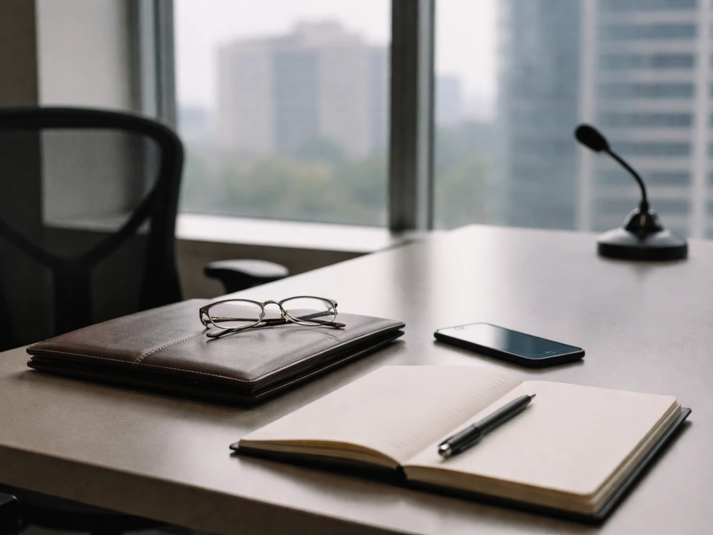 Minimal finance office scene with a portfolio, glasses, and desk microphone near a window at daytime.
