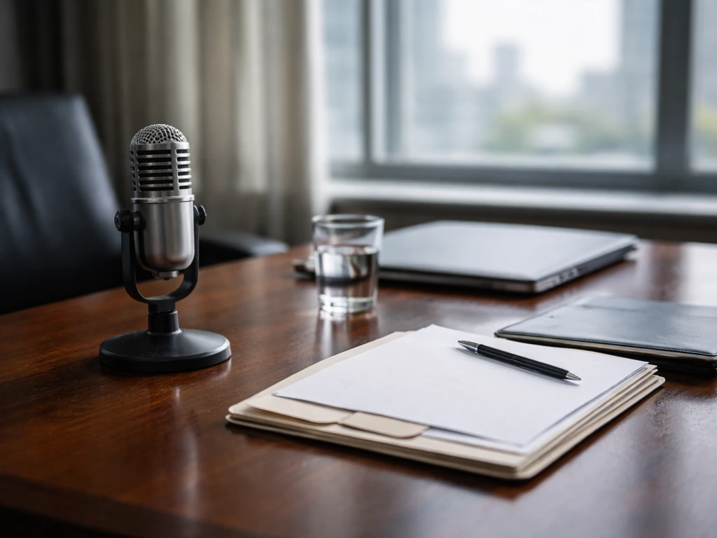 Quiet office desk with microphone and finance props, soft daylight through window, no people.