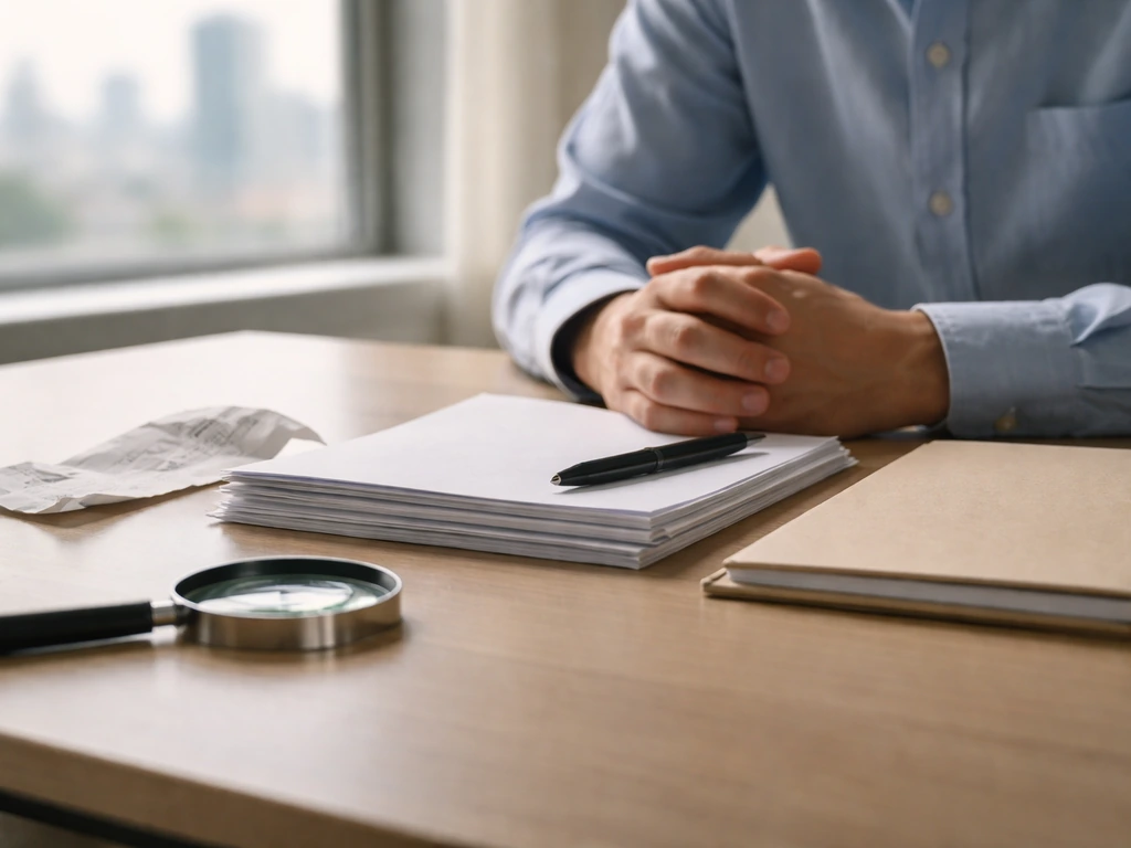 Minimal office desk with documents and a blurred city view, symbolizing uncertain net worth estimation inputs.