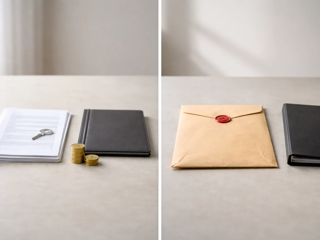 Minimal split-scene of a desk with property documents and coins versus a sealed legal envelope.