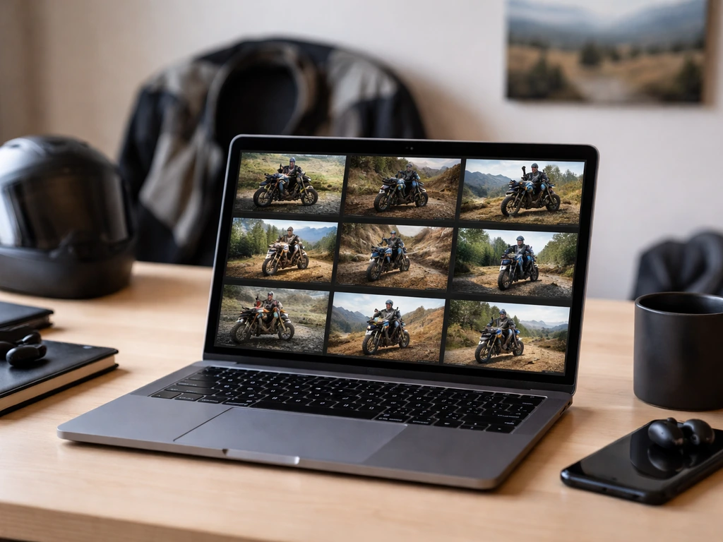 Minimal desk scene with a laptop showing generic adventure motorcycle thumbnails, plus helmet and jacket cues.