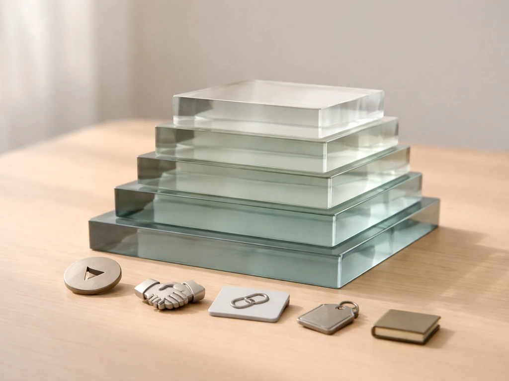 Minimal tabletop scene showing a layered “income stack” with small income-source tokens and glass slabs.