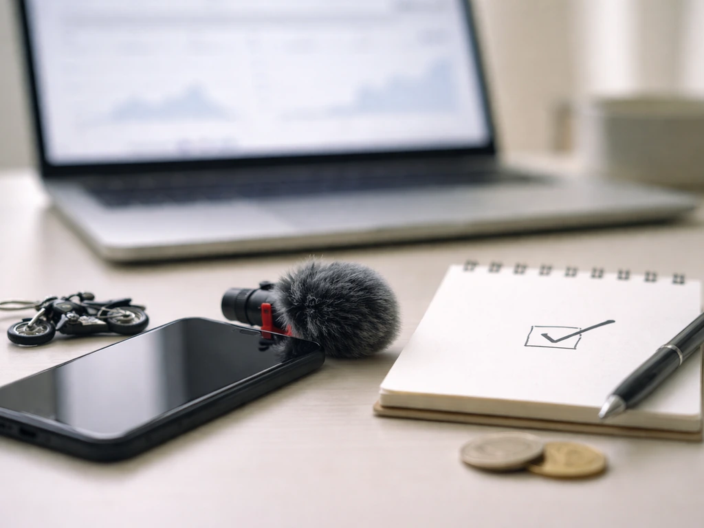 Minimal desk setup with a smartphone, microphone, and blank checklist for updating a creator estimate