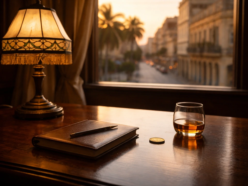 Warm-lit mahogany desk with gold coin and blurred Havana window view, symbolic wealth mood.