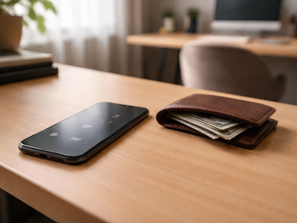 Minimal studio desk with a smartphone showing social media icons and a wallet with cash, symbolizing public signals