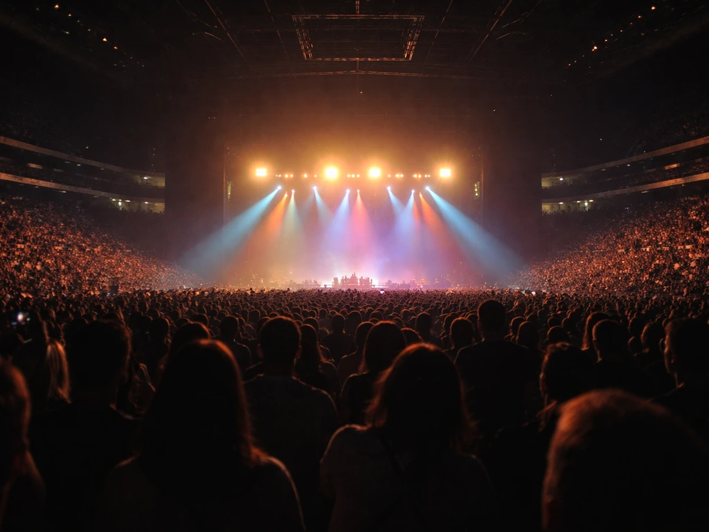 Crowd facing a lit stage inside a large arena during a live Latin concert performance.