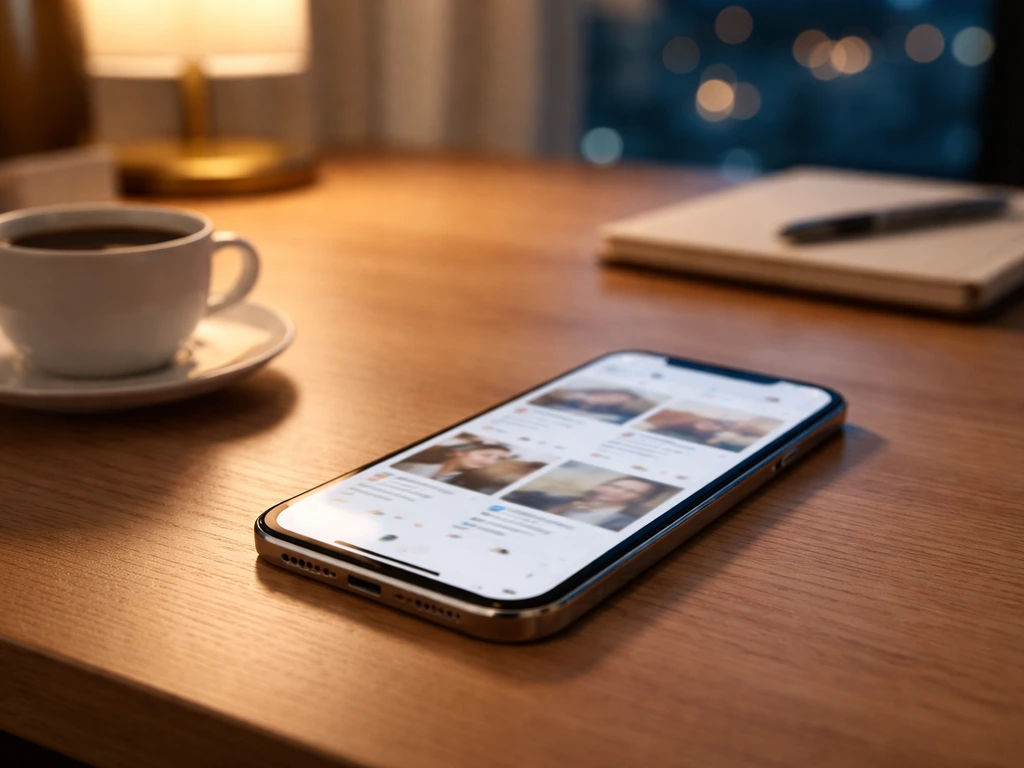 Close-up of a smartphone on a desk with a coffee cup, suggesting social media brand deals