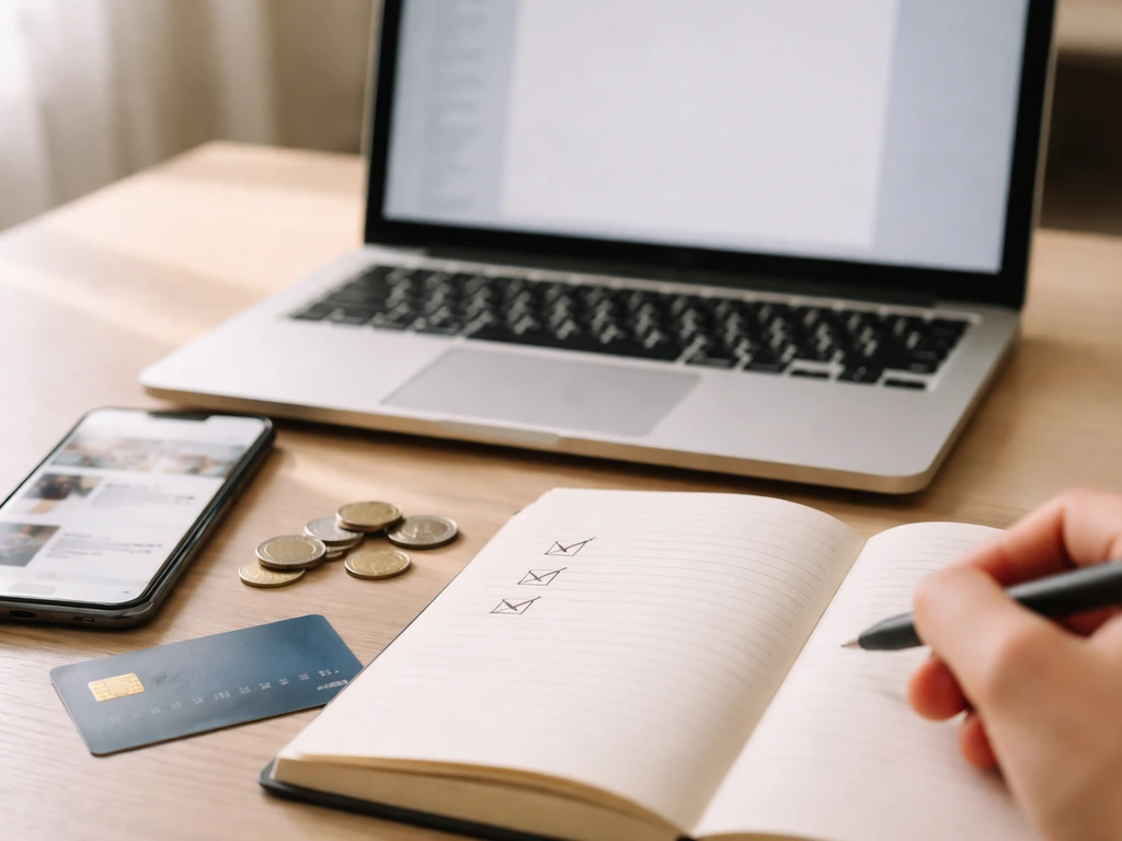 Minimal checklist-style due diligence scene with anonymous phone and laptop beside a notebook and coins