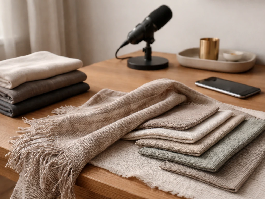Minimal fashion-style desk scene with fabric swatches and a smartphone showing a silent finance podcast studio vibe.