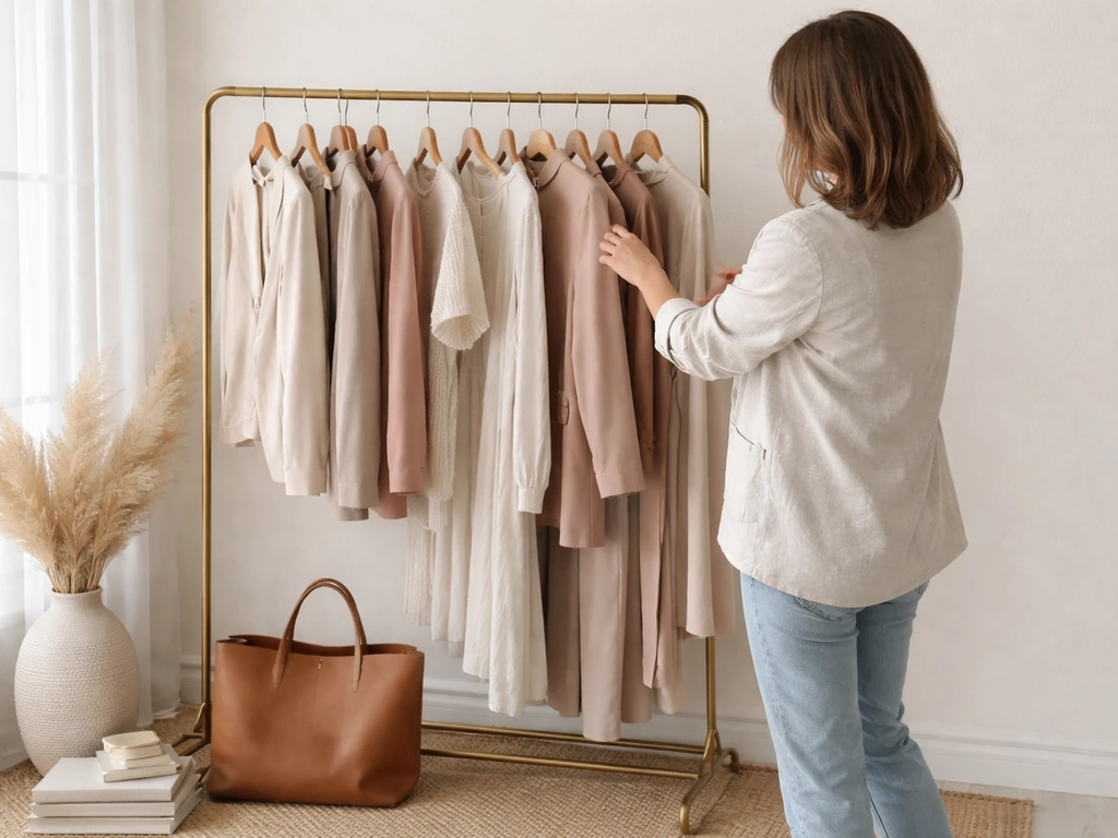 Anonymous woman adjusting clothing on a boutique rack with curated lifestyle items, pastel brand aesthetic.