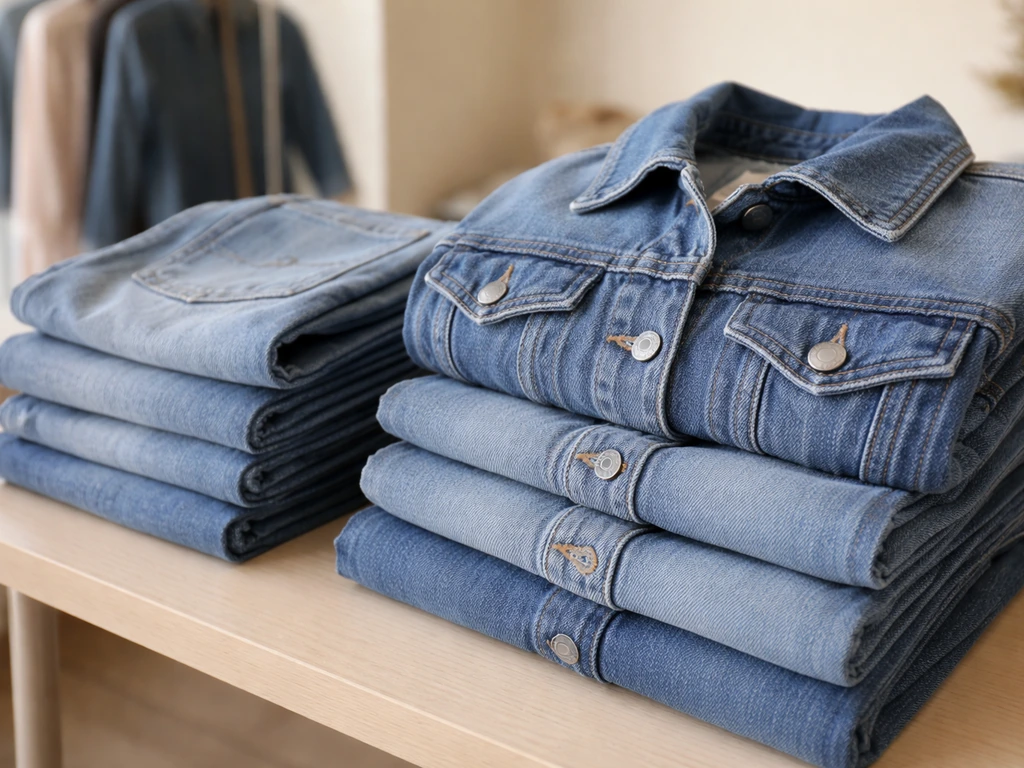Close-up of folded denim apparel in a small boutique showing direct product sales atmosphere.