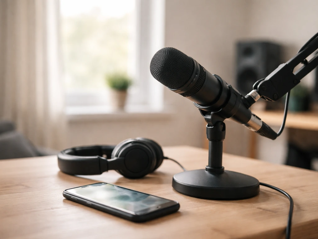 Minimal podcast-style studio scene with a microphone and smartphone showing social content creation