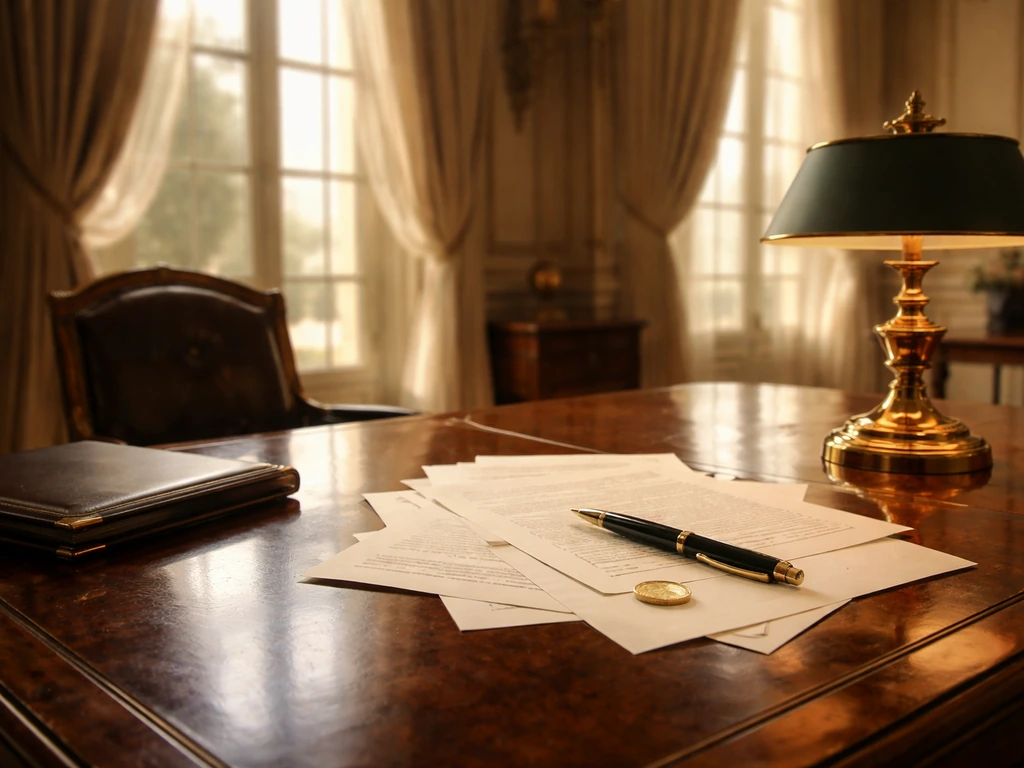 Sunlit palace office desk with gold coin and formal leather portfolio, symbolizing wealth details being hard to verify.