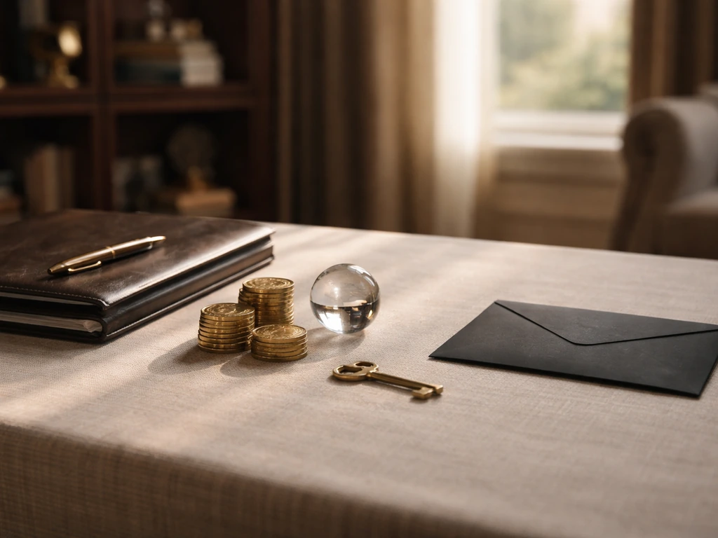 Minimal luxury desk scene with coins, portfolio, and an envelope to symbolize assets vs liabilities.