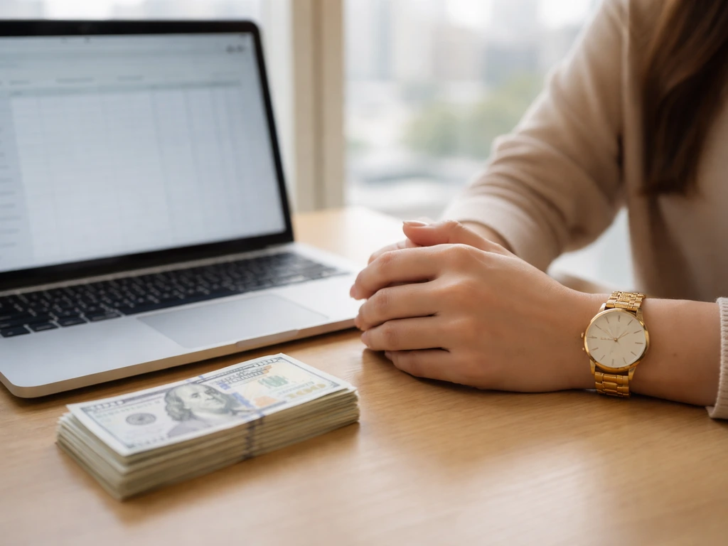 Anonymous hands on a desk with laptop, cash, and a gold watch symbolizing income sources.