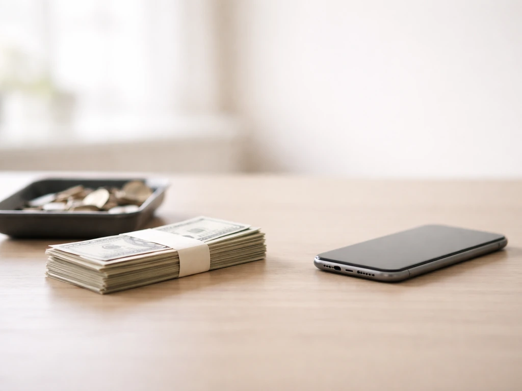 Minimal desk scene with cash and a smartphone showing no text, symbolizing a net worth range estimate.