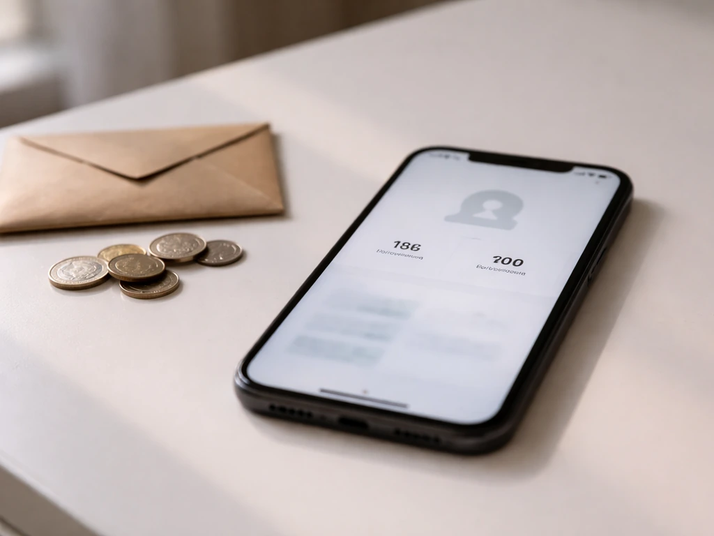 Close-up of a smartphone showing TikTok-like engagement metrics next to a cash envelope and coins