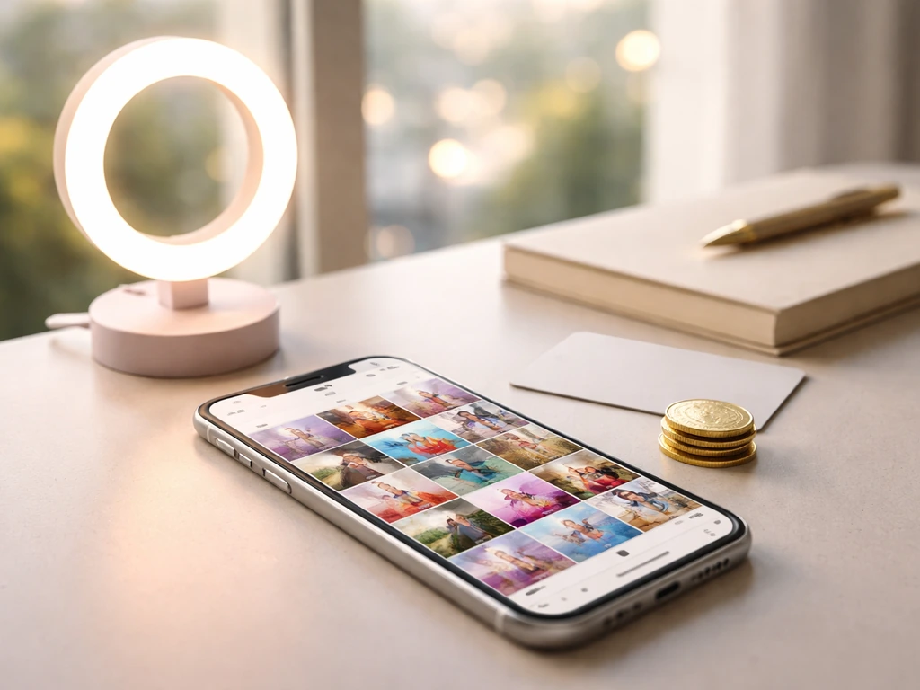 Smartphone on a desk with a generic photo grid, ring light, and small gold coin symbolizing Instagram brand deals.