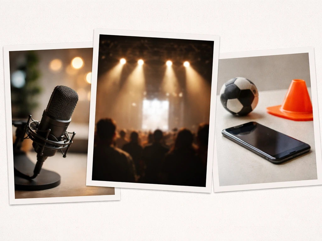 Minimal media collage: microphone, event stage lights, and a smartphone with sports props.