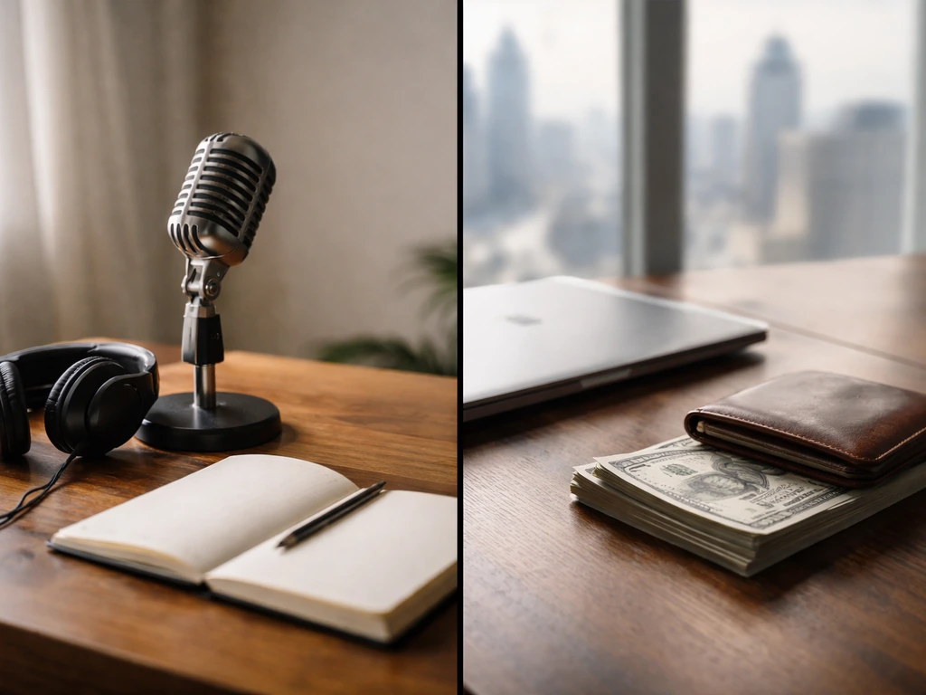 Split image: podcast studio desk with mic on left and money-on-desk office scene on right.