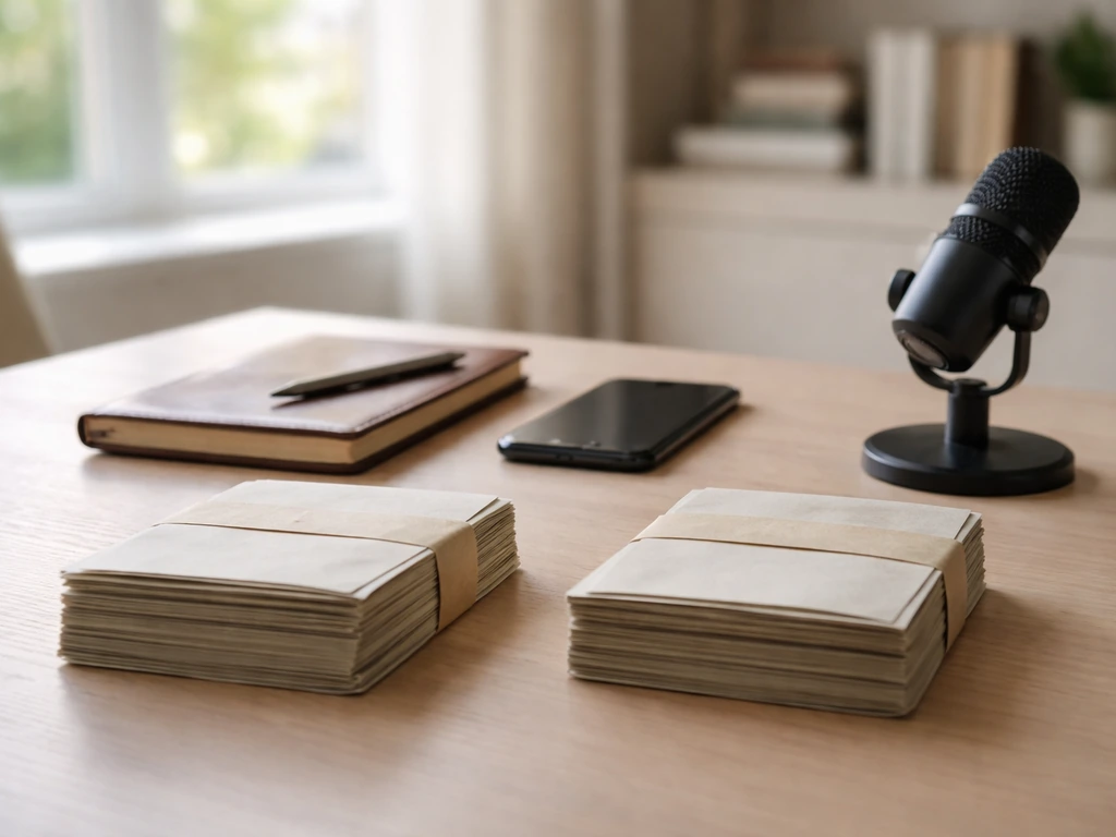 Minimal office desk with microphone and cash envelopes, symbolizing comparing net worth ranges without any text.