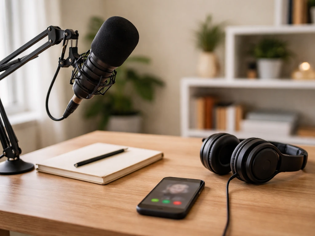 Empty podcast studio desk with microphone, headphones, and a phone in soft natural light.