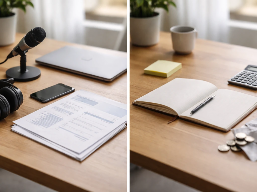 Minimal desk split view: orderly official papers on one side, blank note pad and scattered receipts on the other.