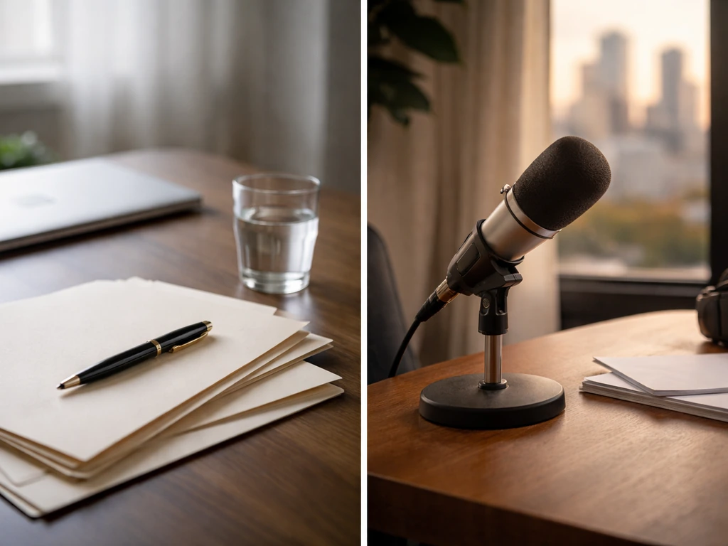 Minimal split view: a quiet office desk with papers and a second view of a studio mic and city skyline.