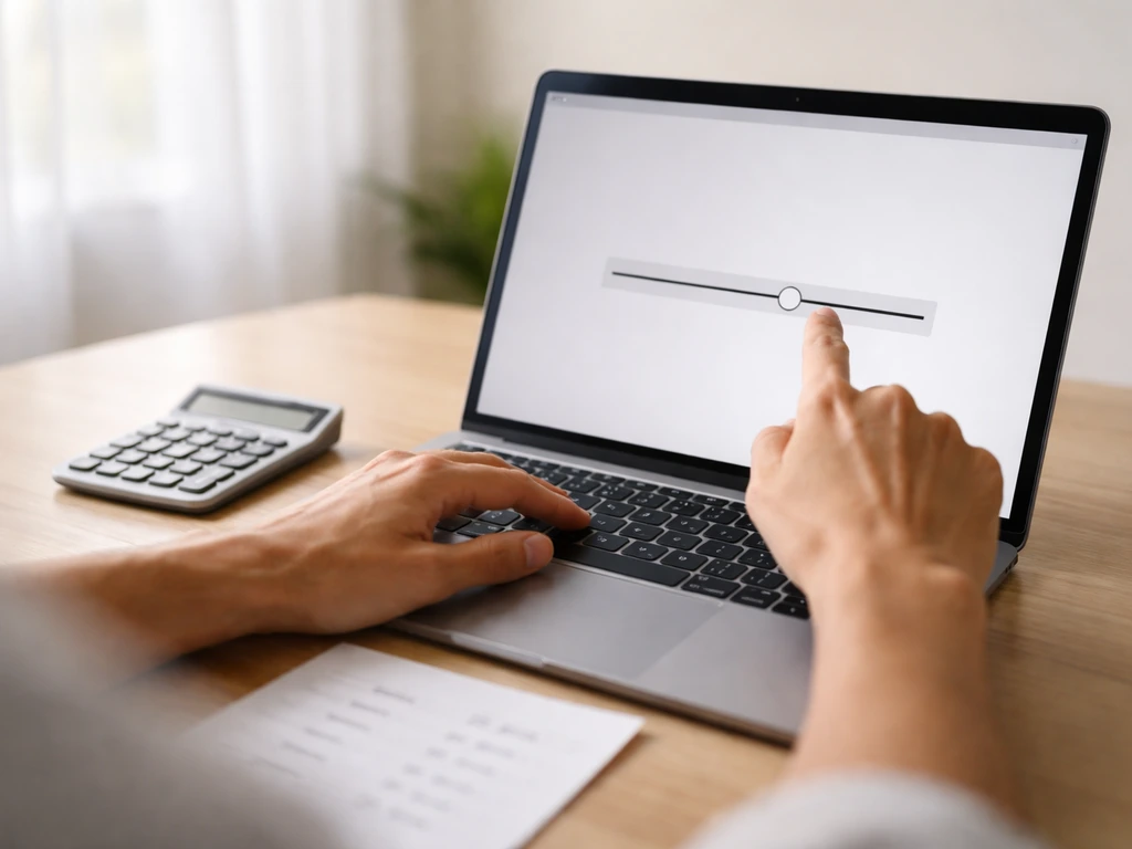 Hand adjusting a slider on a laptop next to printed funding-round notes and a calm calculator, minimal desk scene