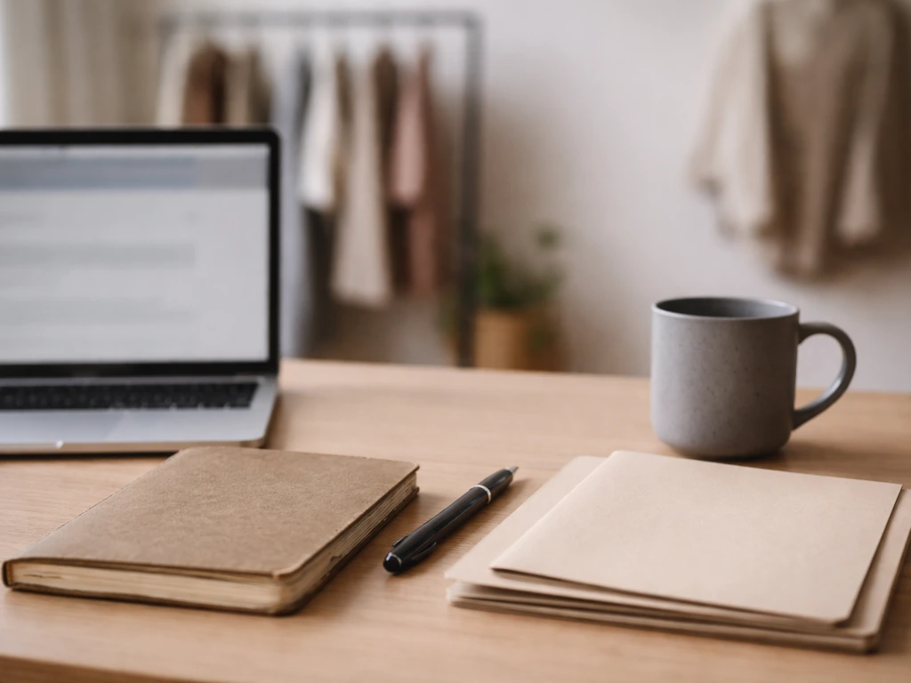 Minimal fashion studio desk with notebook, pen, and blank folders in natural light, symbolizing founder leadership.
