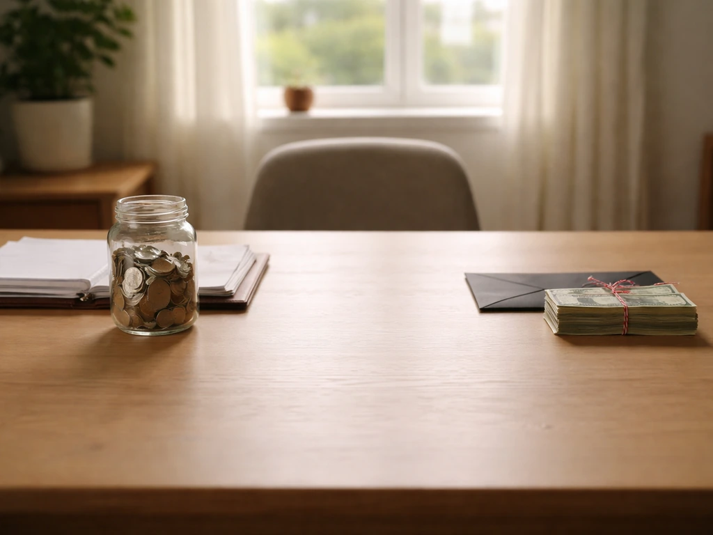 Minimal desk scene showing money assets on one side and loan-like bills on the other, with empty space between.