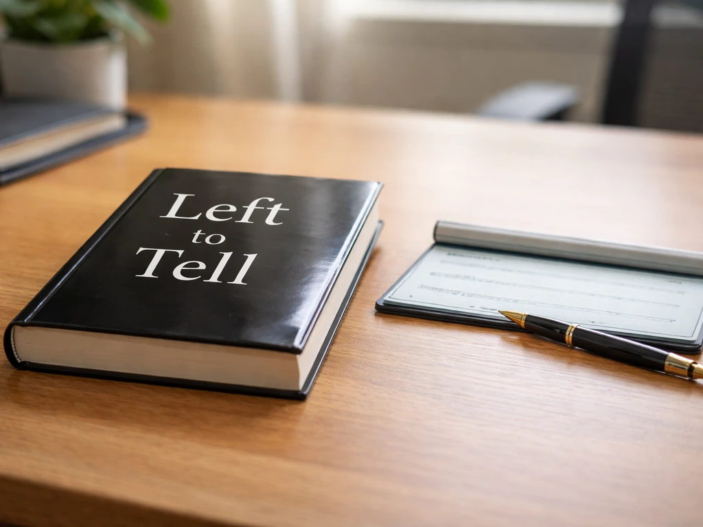 Close-up of a book titled Left to Tell beside a checkbook and pen on a tidy desk